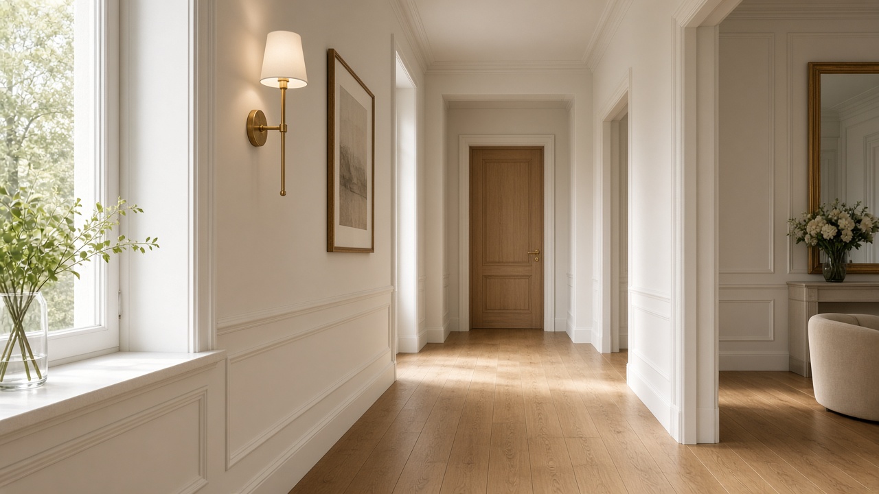 Elegant renovated hallway with warm oak flooring and soft natural light