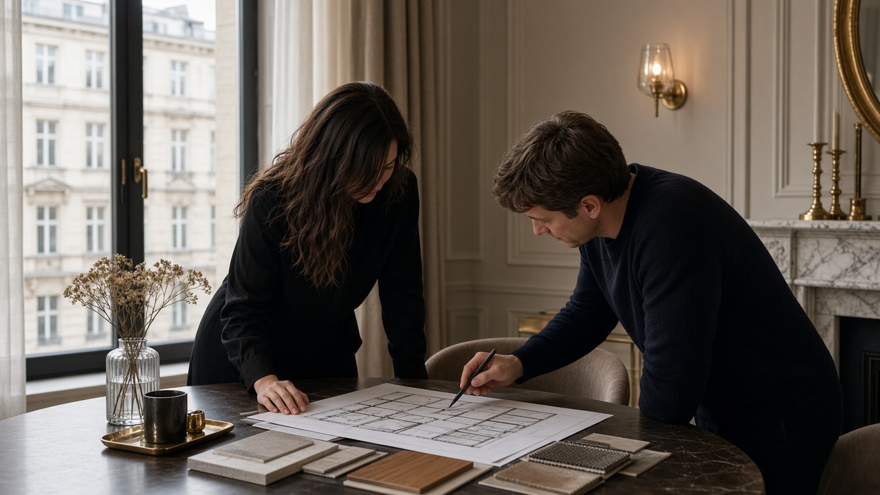 Client consultation reviewing plans in a refined interior