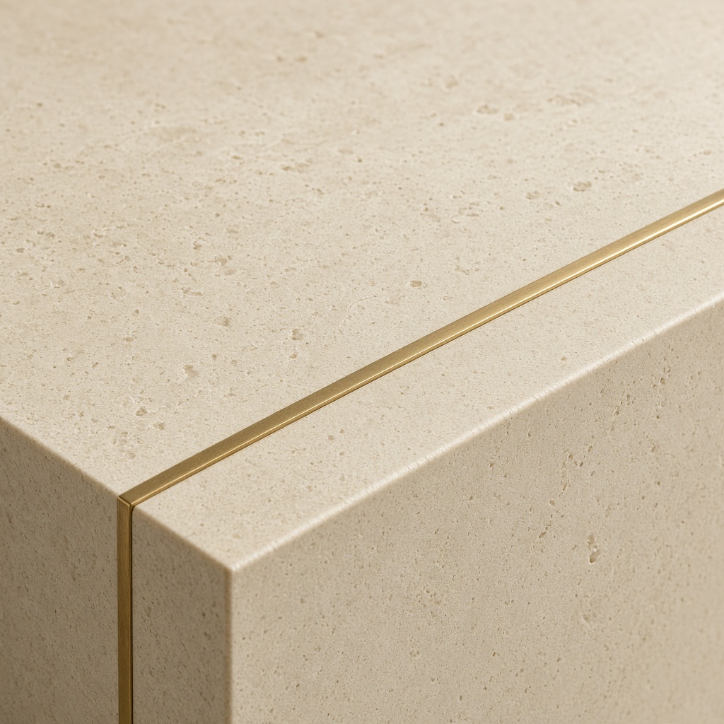 Close detail of brass inlay meeting honed stone surface