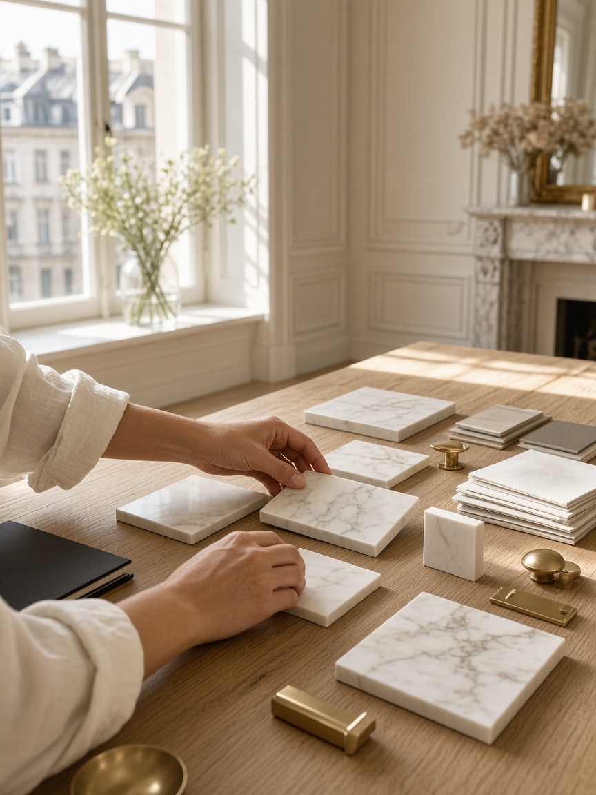 Material samples and renovation plans arranged on a table in warm natural light