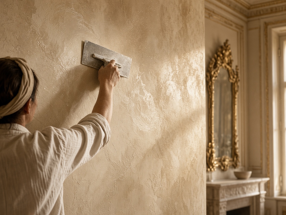 Craftsperson applying refined plaster finish inside a Warsaw apartment