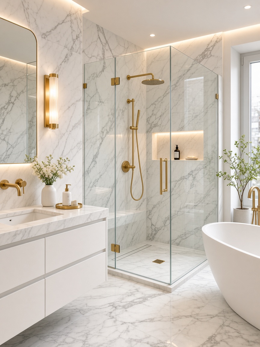 Renovated luxury bathroom with marble and gold fixtures