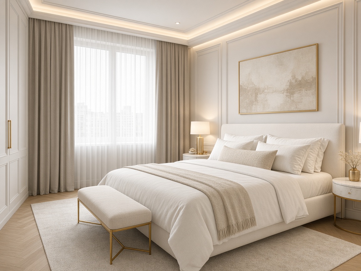Renovated elegant bedroom with layered textures