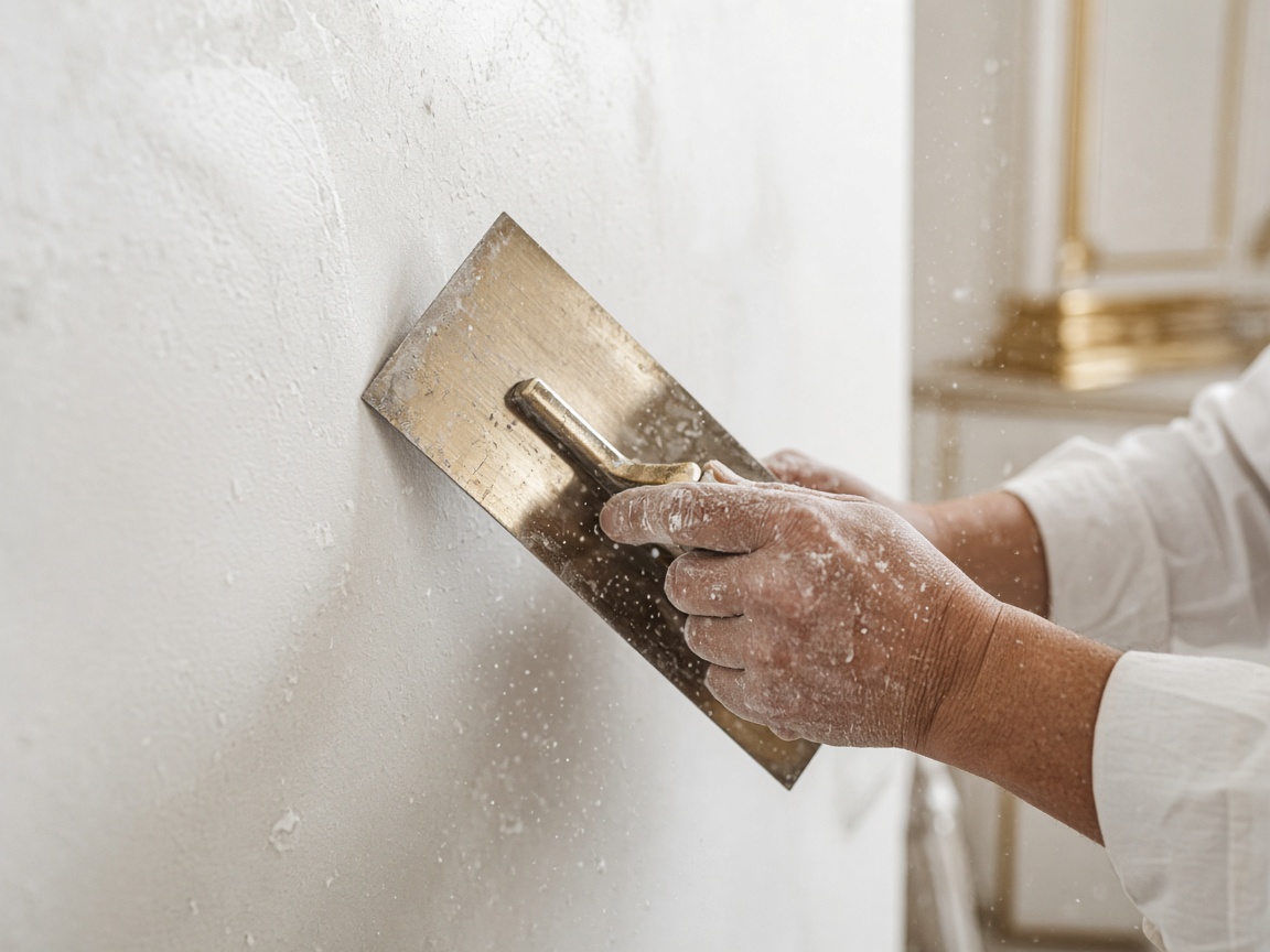 Artisan applying fine plaster finish during interior renovation