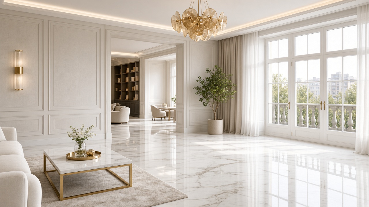Luxurious renovated living room with marble floors and natural light