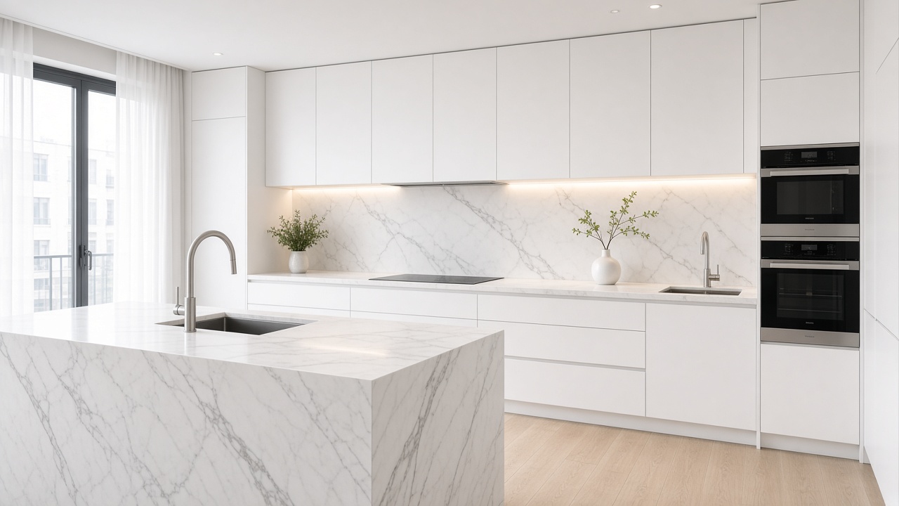 Renovated modern kitchen with marble surfaces
