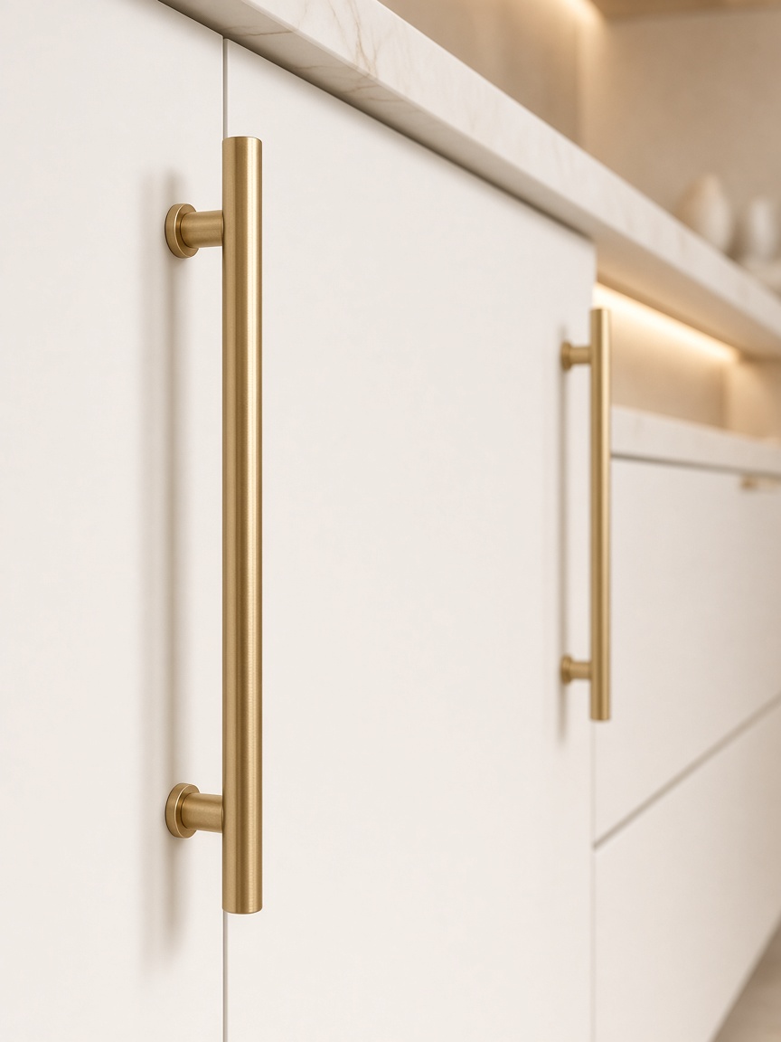 Brushed champagne brass cabinet handles on finished luxury kitchen cabinetry