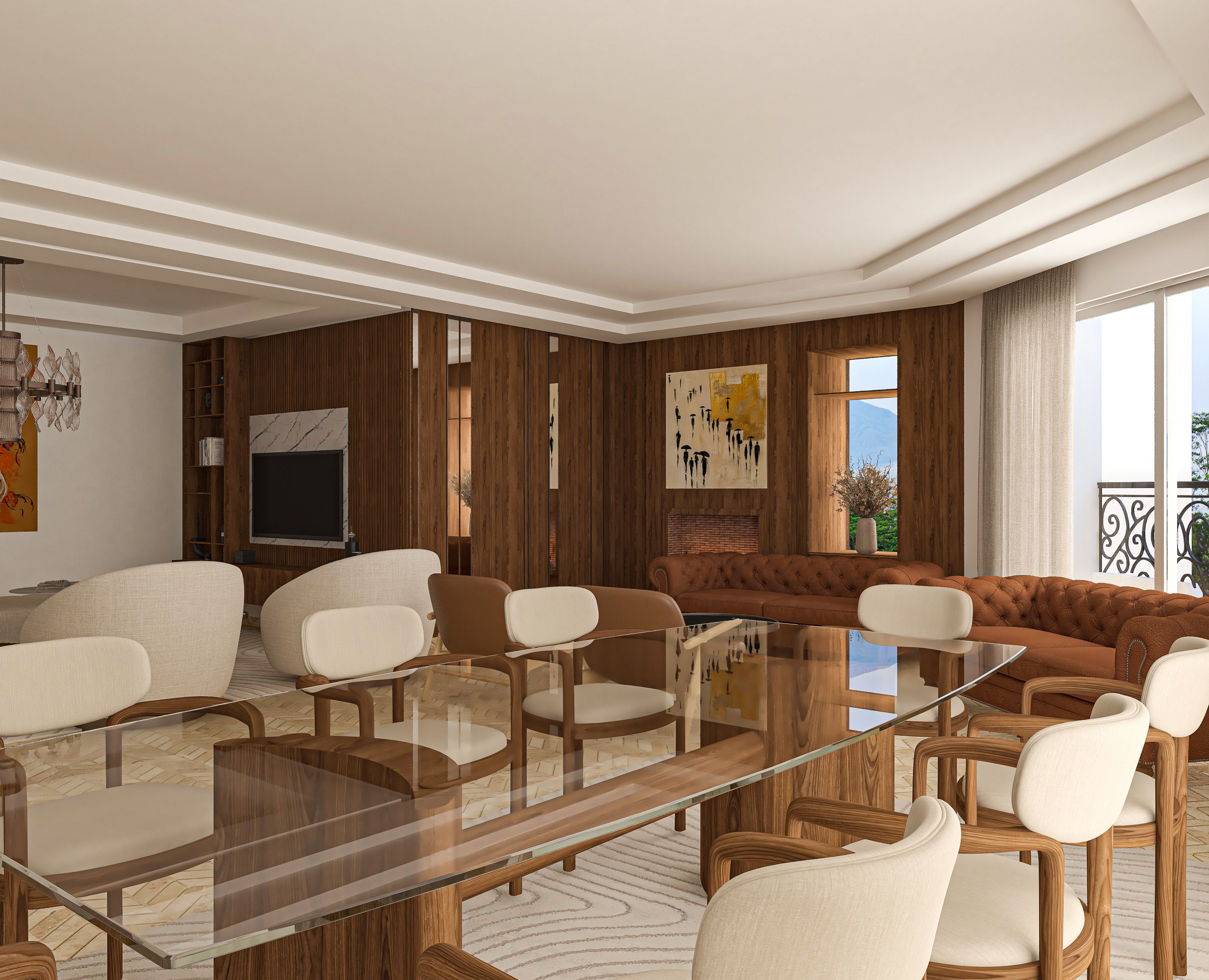 Renewed living and dining room with restored architectural detail